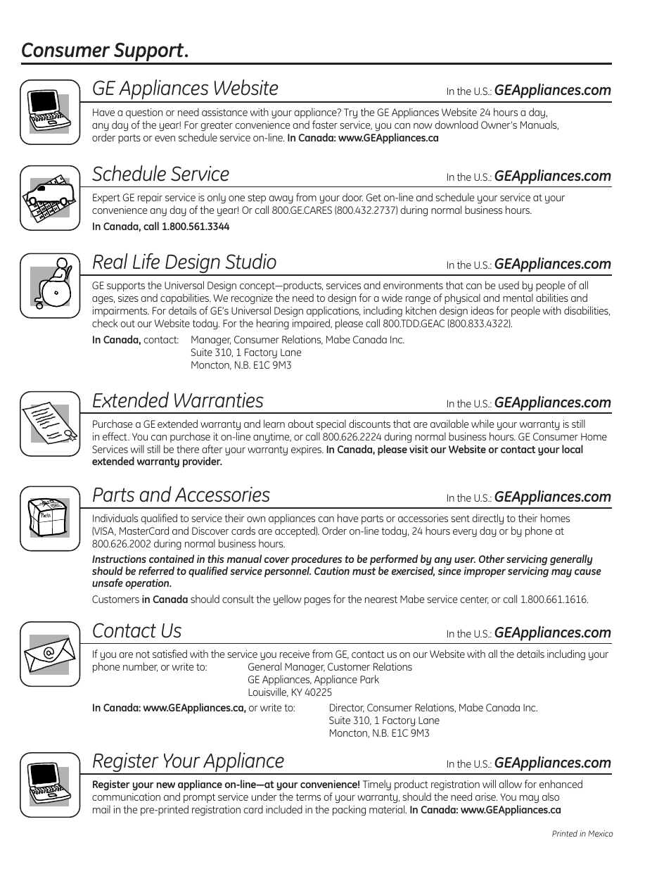 Consumer support. ge appliances website, Schedule service, Real life design studio | Extended warranties, Parts and accessories, Contact us, Register your appliance | GE PCVH480EK User Manual | Page 108 / 108