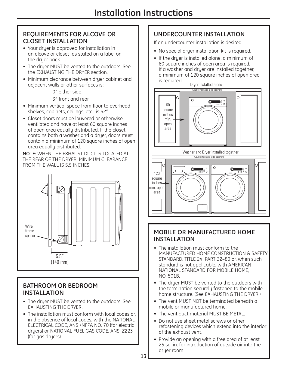 Installation instructions, Requirements for alcove or closet installation, Bathroom or bedroom installation | Mobile or manufactured home installation, Undercounter installation | GE PCVH480EK User Manual | Page 13 / 108