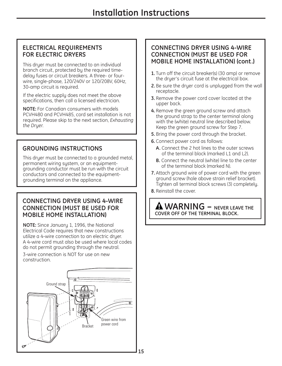 Installation instructions, Warning | GE PCVH480EK User Manual | Page 15 / 108