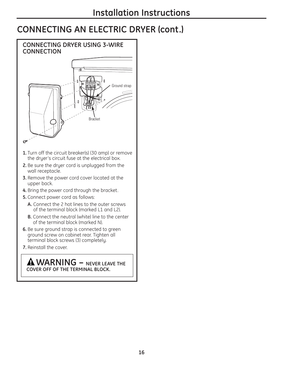 Installation instructions, Connecting an electric dryer (cont.), Warning | GE PCVH480EK User Manual | Page 16 / 108