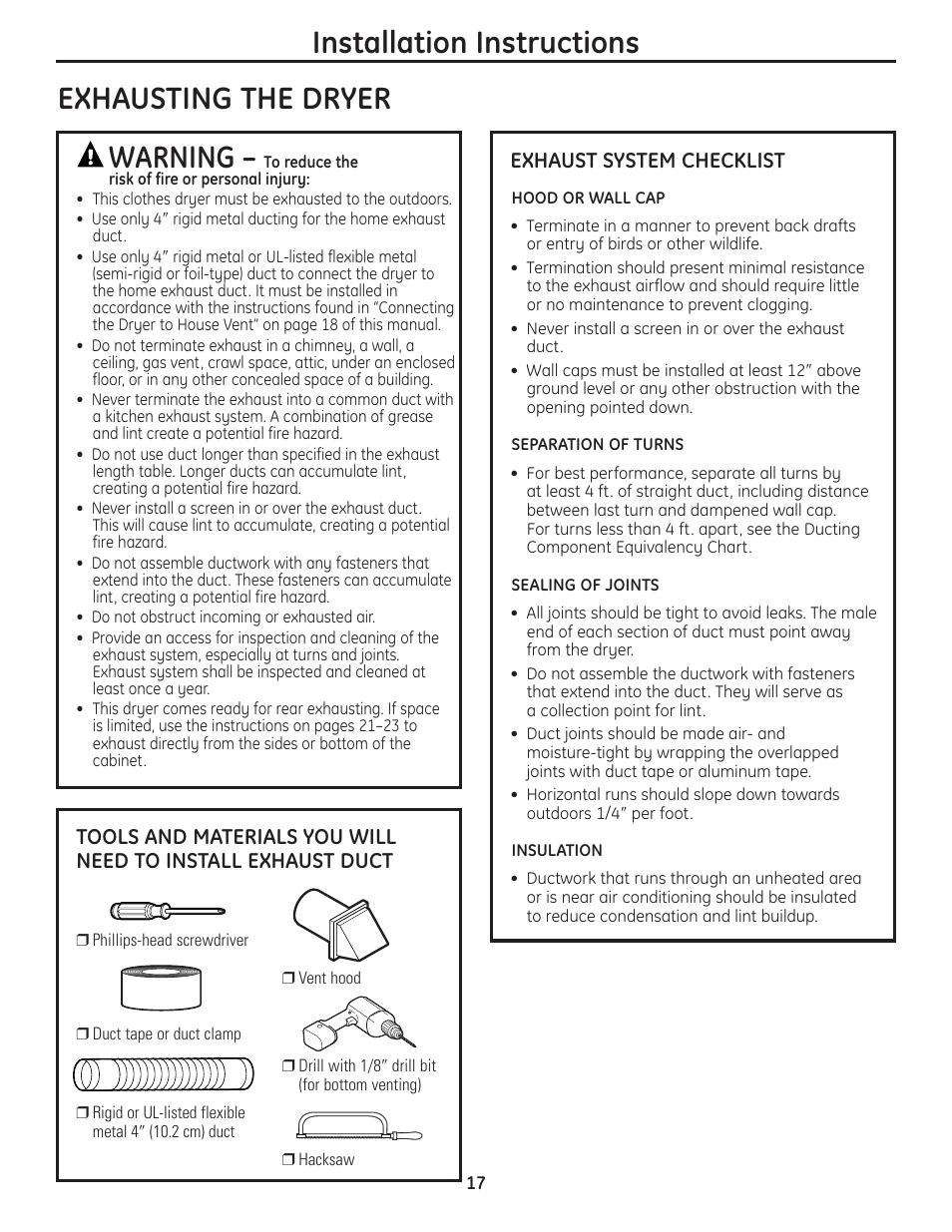 Installation instructions, Exhausting the dryer warning | GE PCVH480EK User Manual | Page 17 / 108