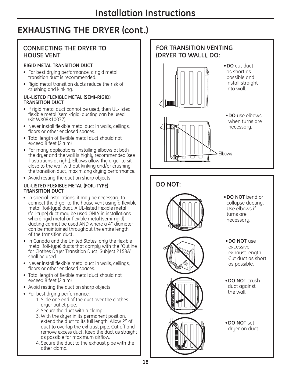Installation instructions, Exhausting the dryer (cont.) | GE PCVH480EK User Manual | Page 18 / 108