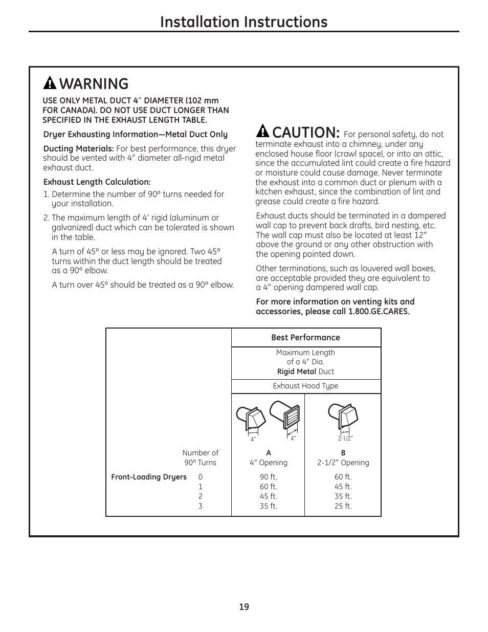 Installation instructions, Warning, Caution | GE PCVH480EK User Manual | Page 19 / 108