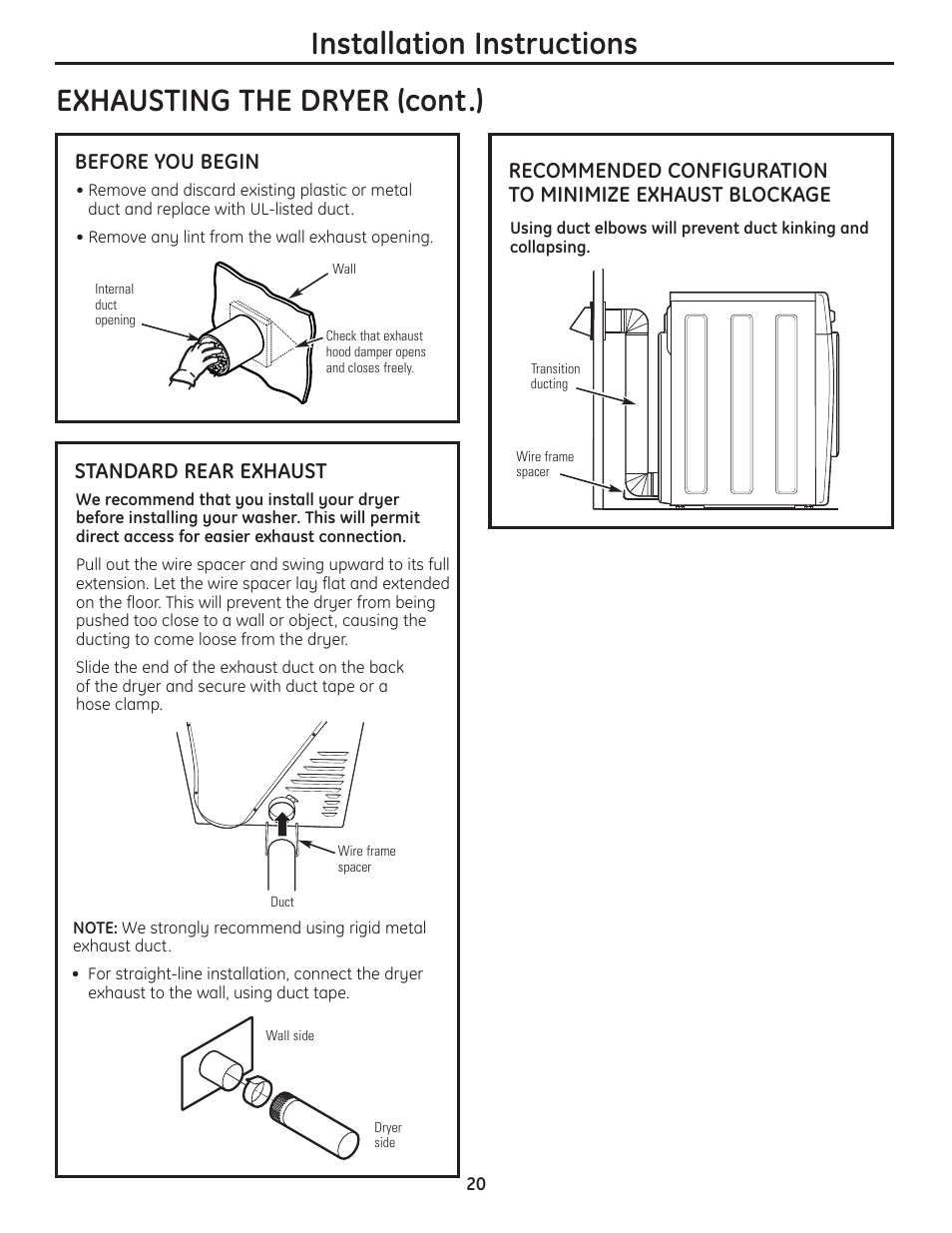 Installation instructions, Exhausting the dryer (cont.) | GE PCVH480EK User Manual | Page 20 / 108