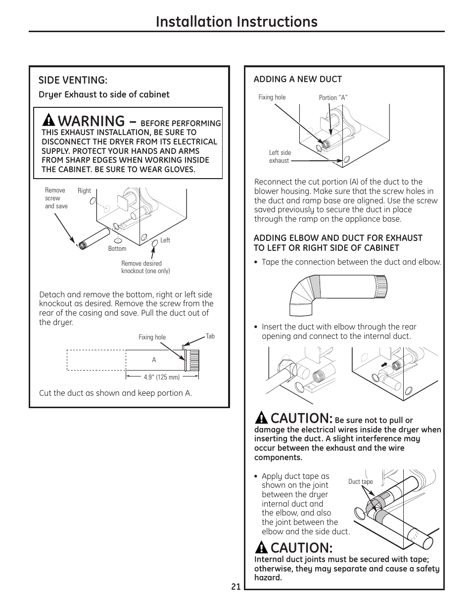 Warning, Installation instructions, Caution | Side venting | GE PCVH480EK User Manual | Page 21 / 108