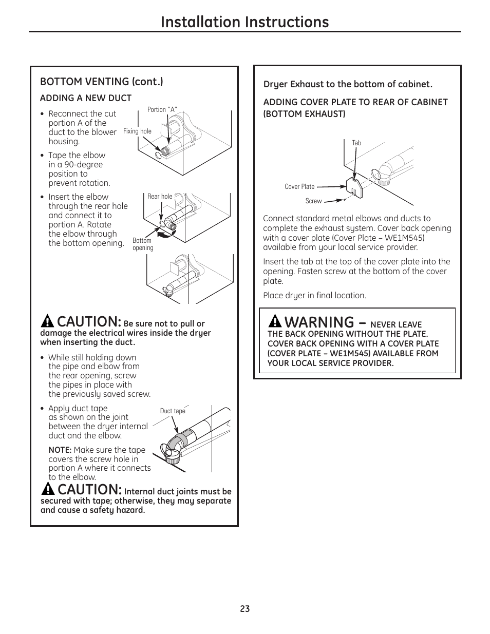 Installation instructions, Warning, Caution | GE PCVH480EK User Manual | Page 23 / 108