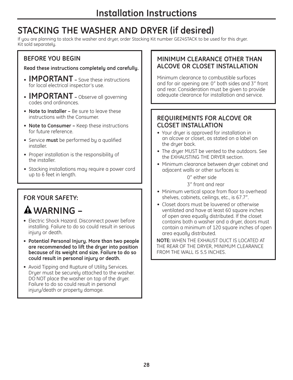 Stacking the washer and dryer (if desired), Warning, Installation instructions | Important | GE PCVH480EK User Manual | Page 28 / 108