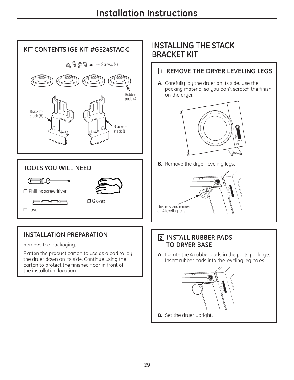 Installation instructions, Installing the stack bracket kit | GE PCVH480EK User Manual | Page 29 / 108