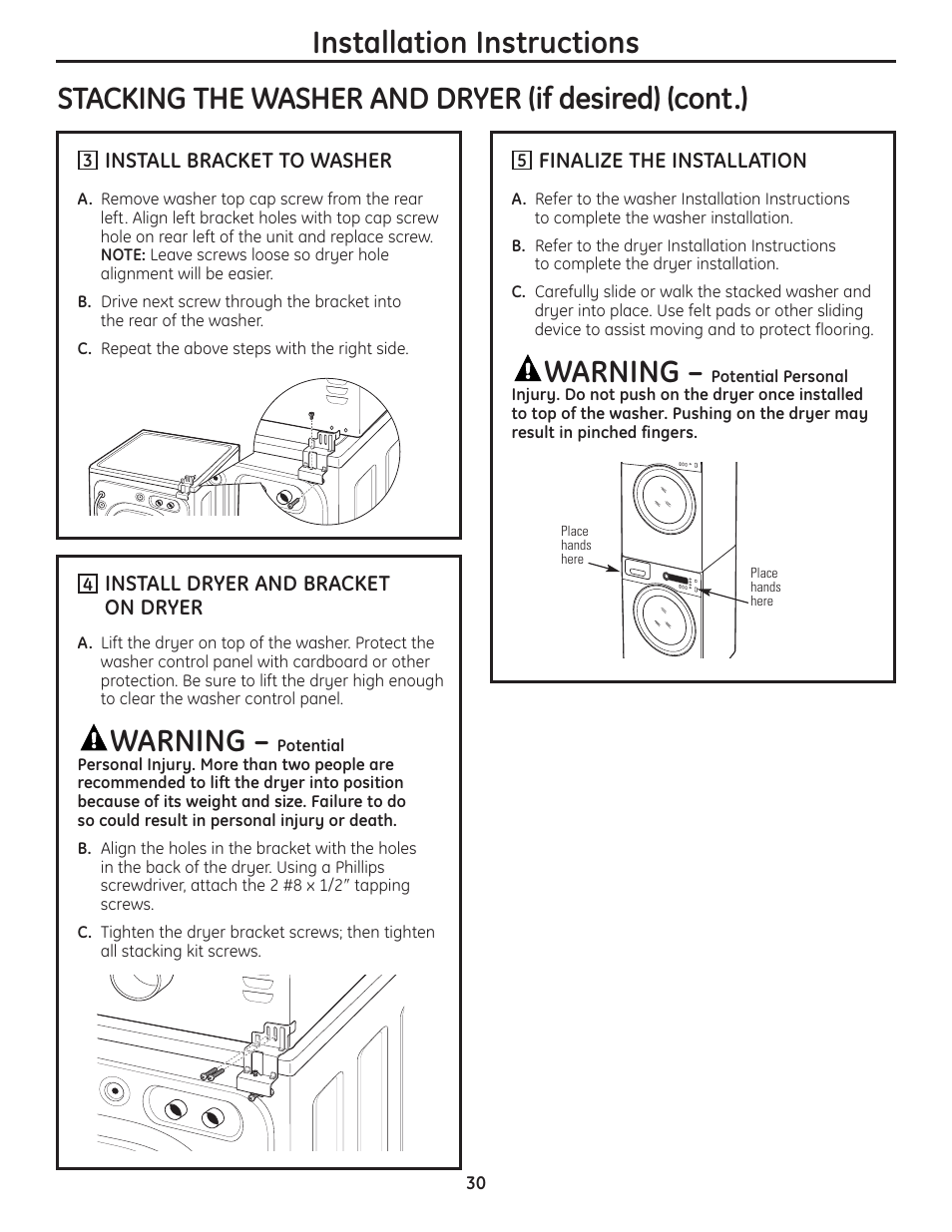 Warning, Installation instructions, Stacking the washer and dryer (if desired) (cont.) | GE PCVH480EK User Manual | Page 30 / 108