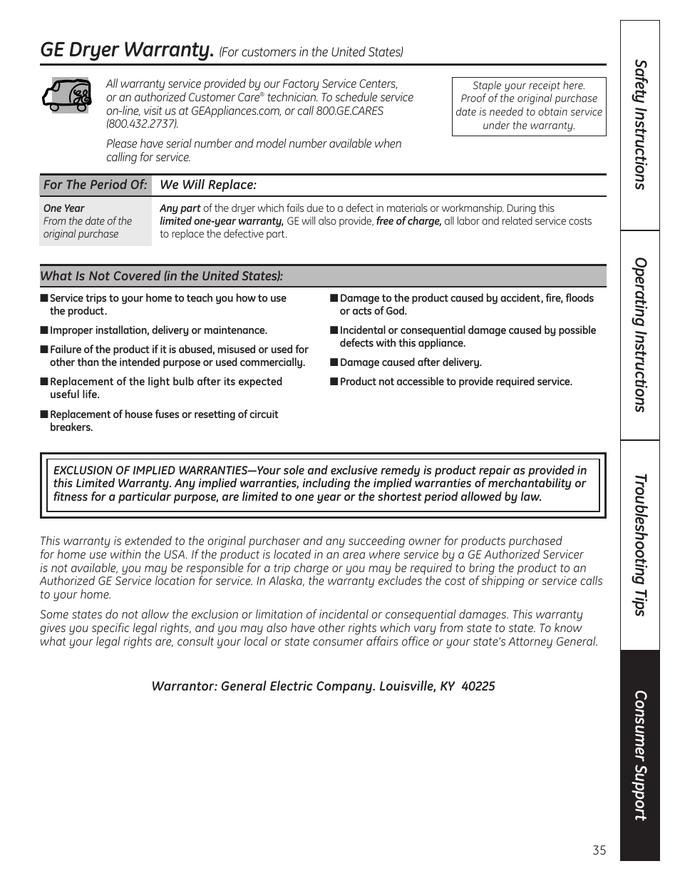 Ge dryer warranty | GE PCVH480EK User Manual | Page 35 / 108