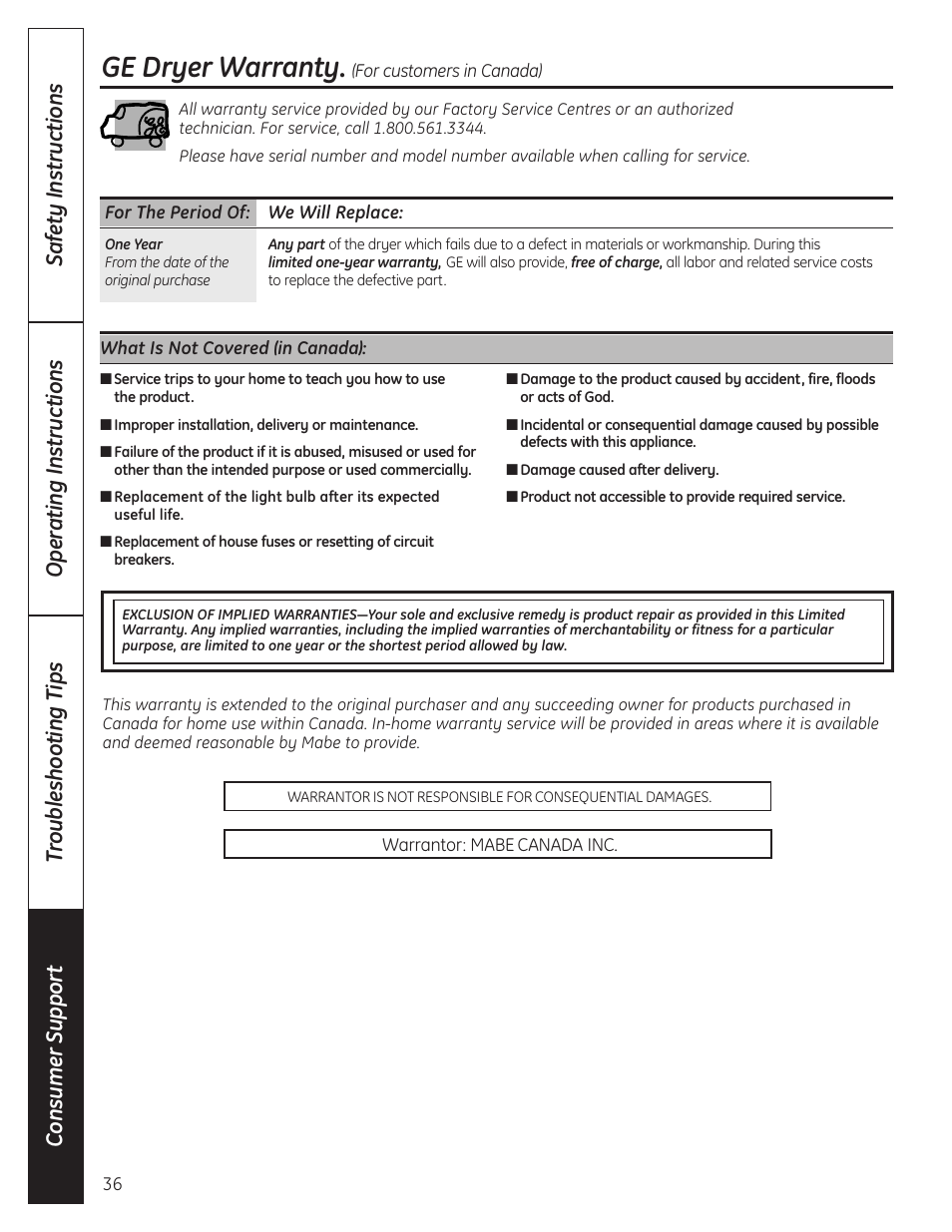 Ge dryer warranty | GE PCVH480EK User Manual | Page 36 / 108