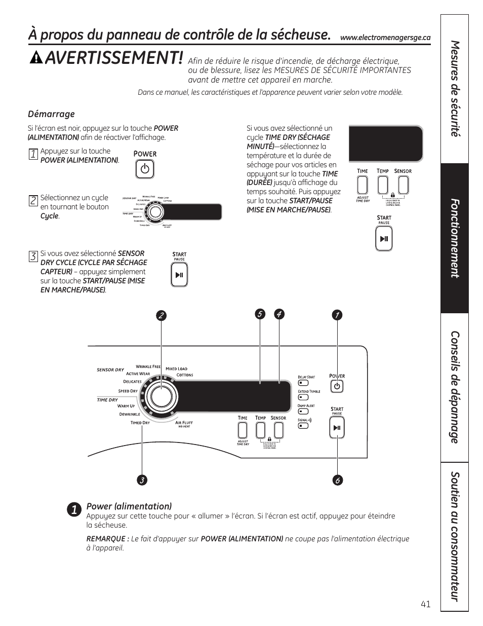 Avertissement, À propos du panneau de contrôle de la sécheuse | GE PCVH480EK User Manual | Page 41 / 108