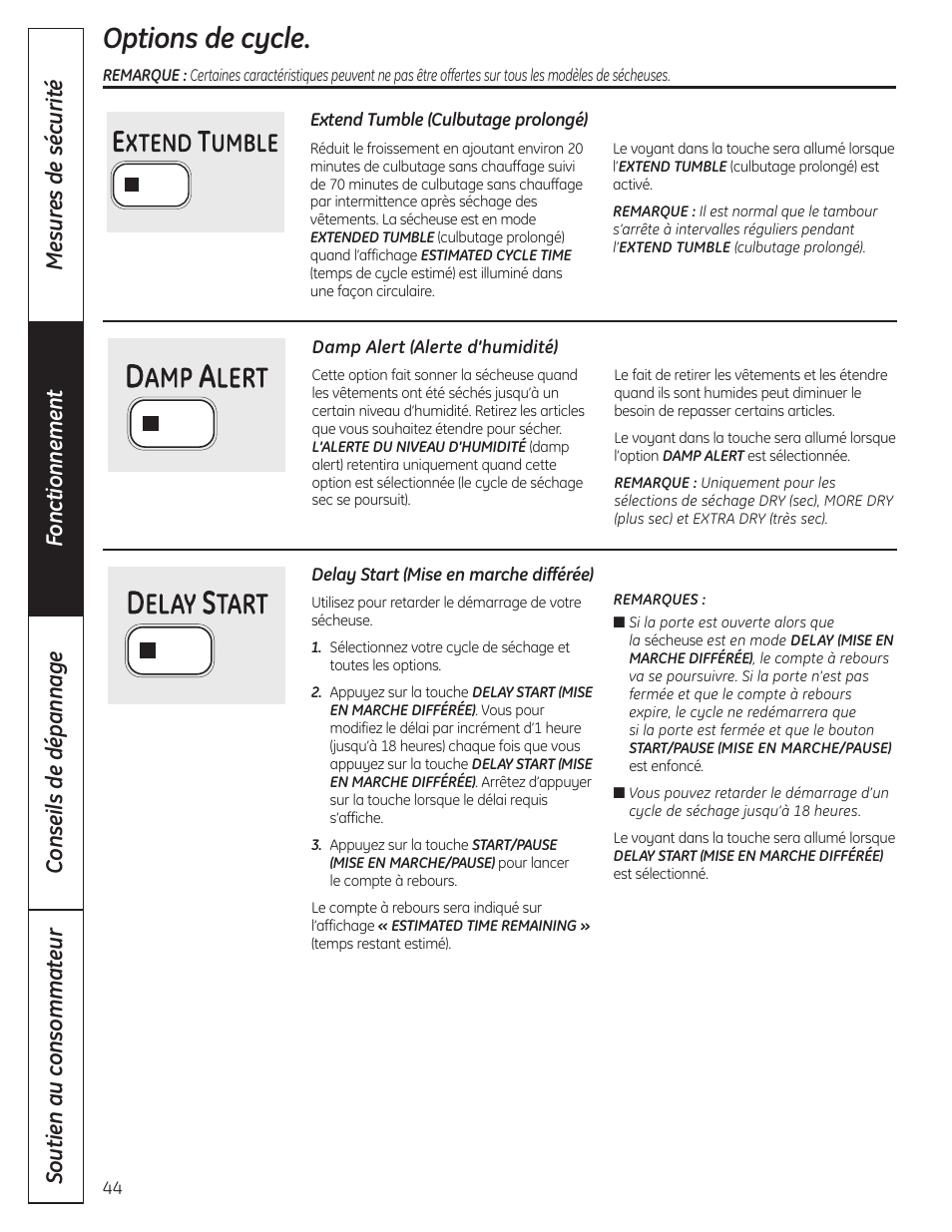 Options de cycle | GE PCVH480EK User Manual | Page 44 / 108