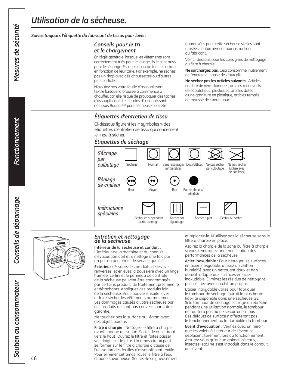 Utilisation de la sécheuse, Tumble dry, Heat setting | Special instructions, Entretien et nettoyage de la sécheuse, Étiquettes d’entretien de tissu | GE PCVH480EK User Manual | Page 46 / 108
