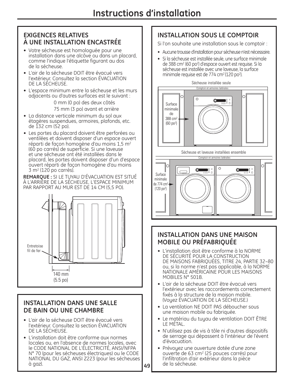 Instructions d’installation, Exigences relatives à une installation encastrée, Installation dans une salle de bain ou une chambre | Installation sous le comptoir | GE PCVH480EK User Manual | Page 49 / 108