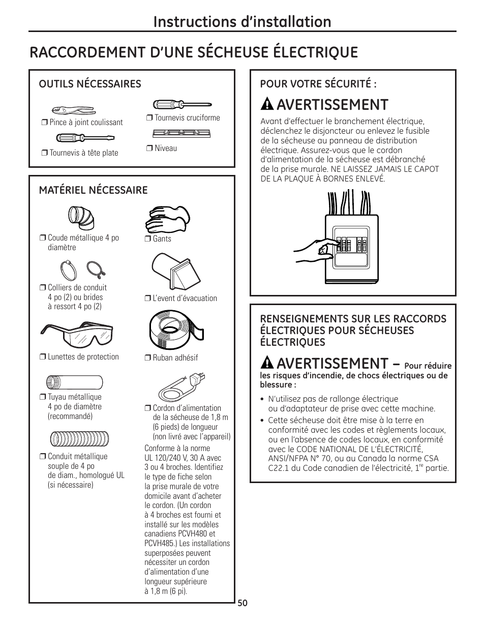 Instructions d’installation, Raccordement d’une sécheuse électrique, Avertissement | GE PCVH480EK User Manual | Page 50 / 108