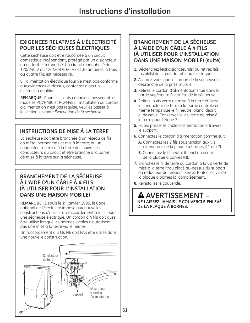 Instructions d’installation, Avertissement, Instructions de mise à la terre | GE PCVH480EK User Manual | Page 51 / 108
