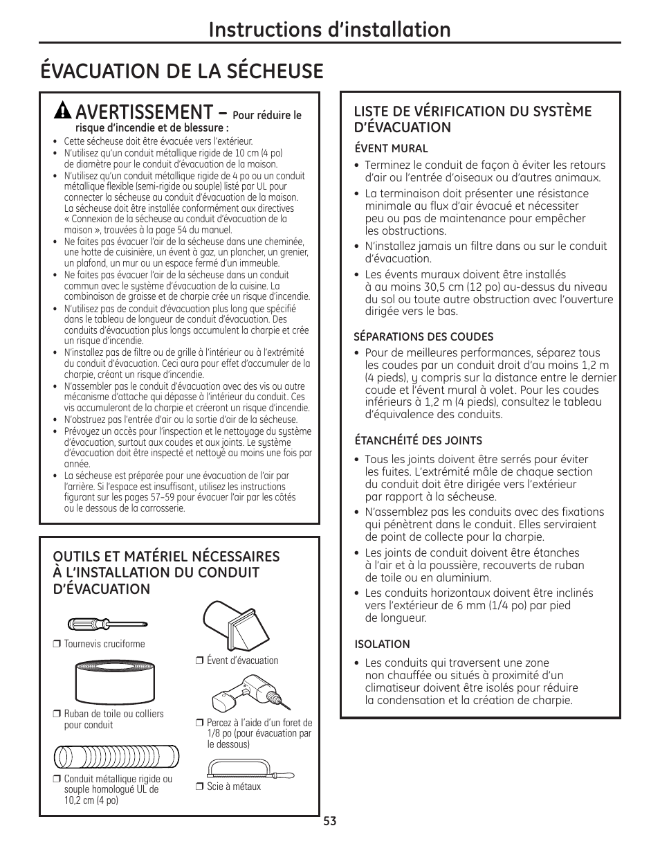 Instructions d’installation, Évacuation de la sécheuse, Avertissement | Liste de vérification du système d’évacuation | GE PCVH480EK User Manual | Page 53 / 108