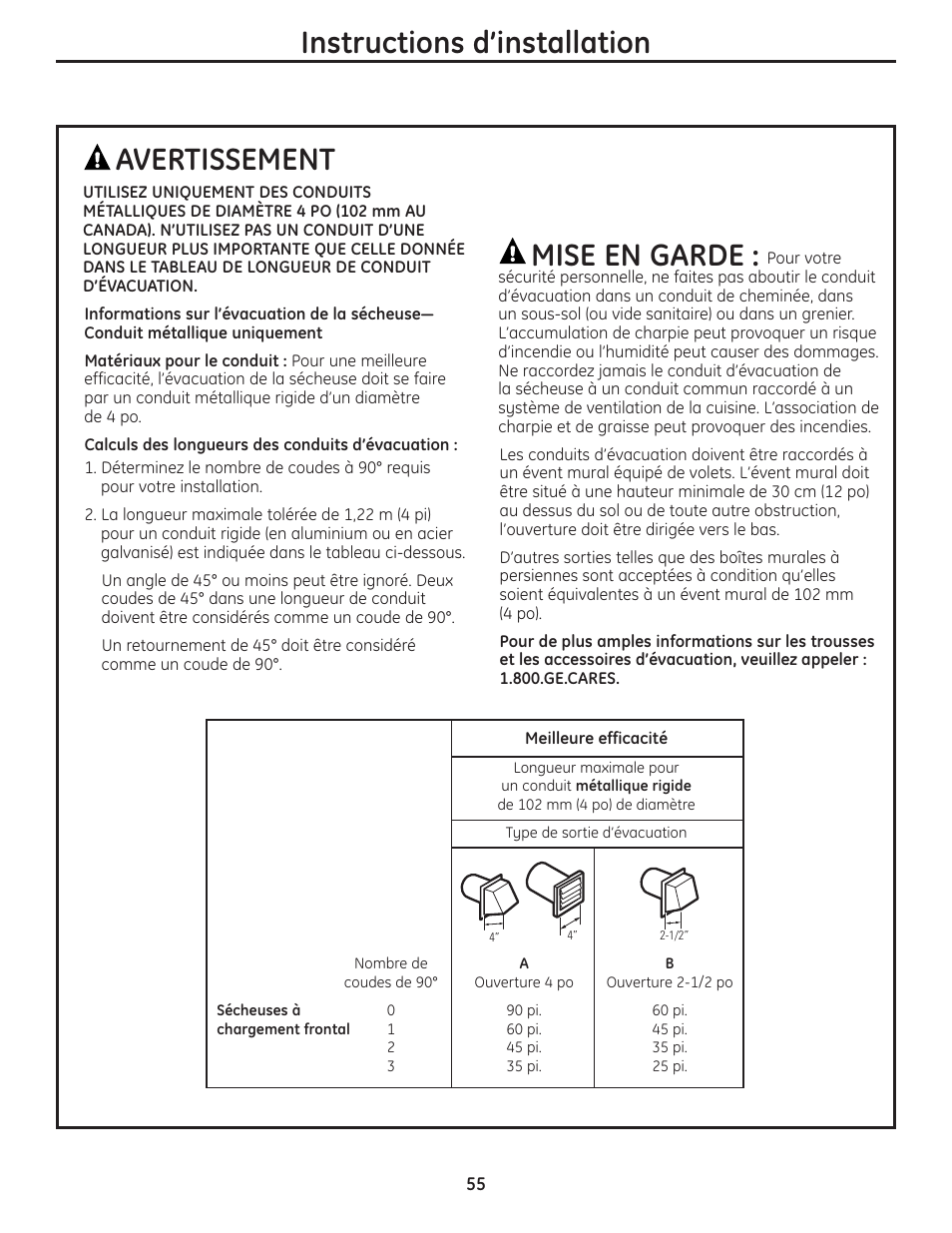 Instructions d’installation, Avertissement, Mise en garde | GE PCVH480EK User Manual | Page 55 / 108