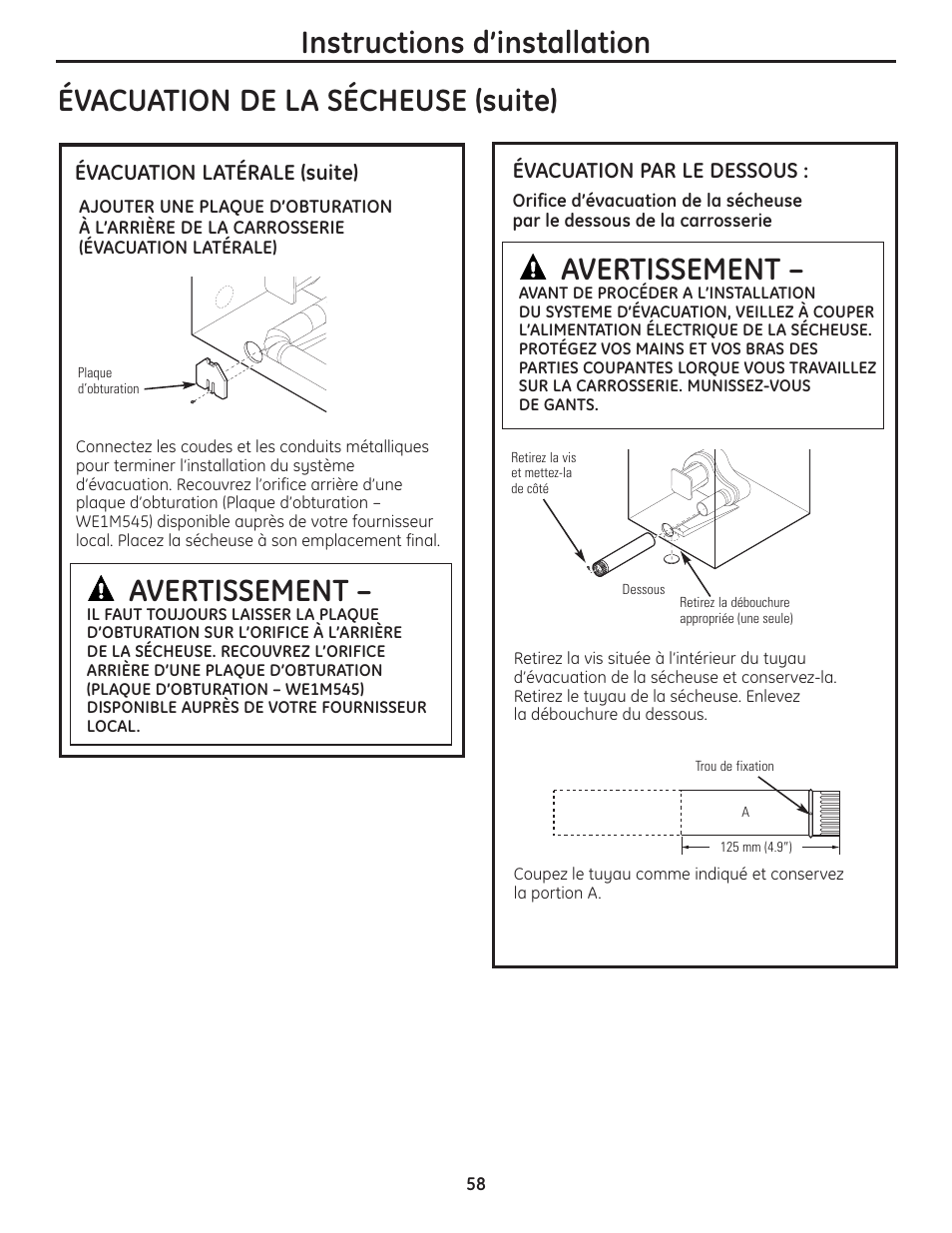 Évacuation de la sécheuse (suite) avertissement, Instructions d’installation, Avertissement | GE PCVH480EK User Manual | Page 58 / 108