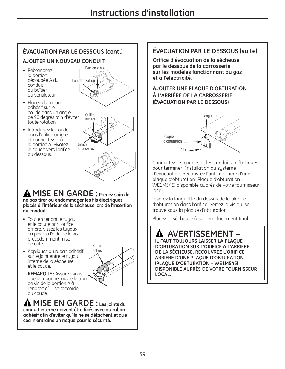 Instructions d’installation, Avertissement, Mise en garde | GE PCVH480EK User Manual | Page 59 / 108