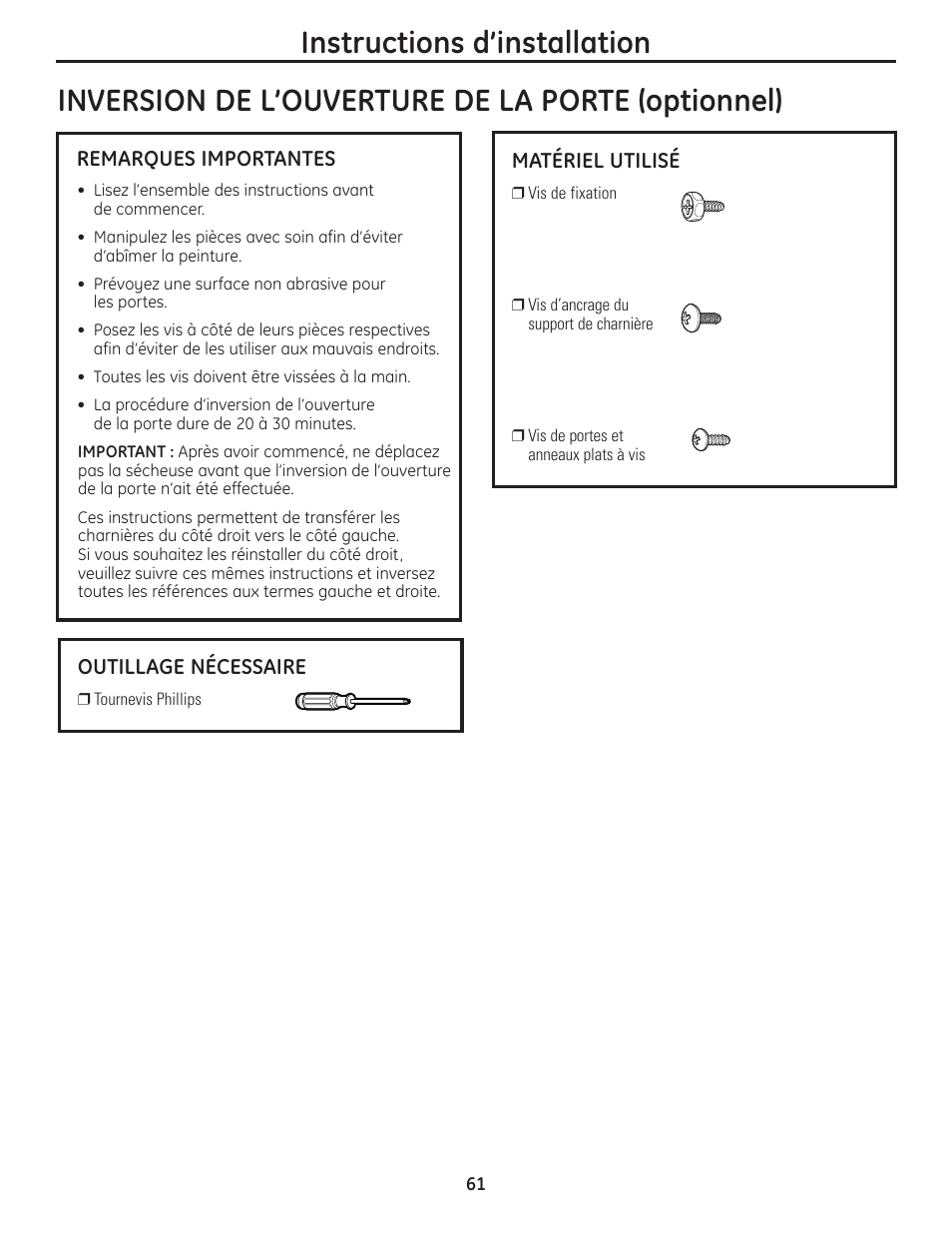 Instructions d’installation, Inversion de l’ouverture de la porte (optionnel) | GE PCVH480EK User Manual | Page 61 / 108