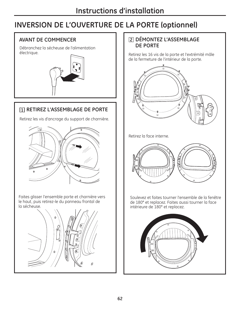 Instructions d’installation, Inversion de l’ouverture de la porte (optionnel) | GE PCVH480EK User Manual | Page 62 / 108