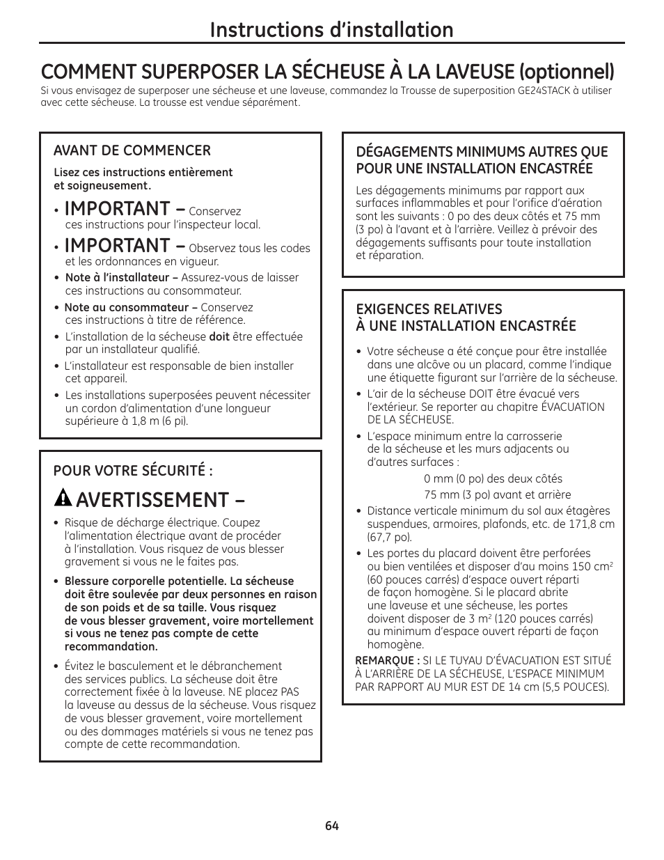 Avertissement, Instructions d’installation, Important | GE PCVH480EK User Manual | Page 64 / 108