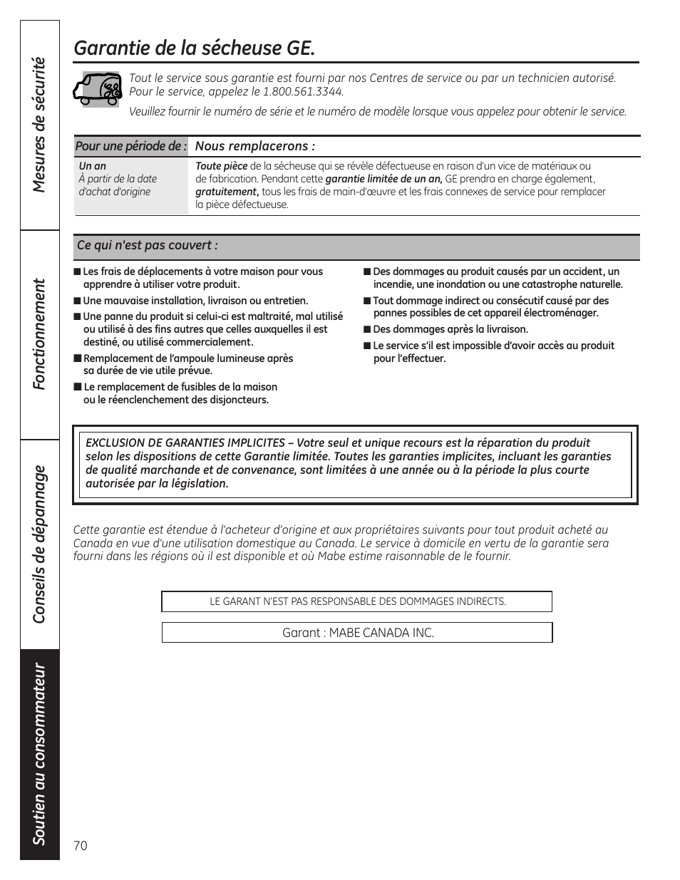 Garantie de la sécheuse ge | GE PCVH480EK User Manual | Page 70 / 108