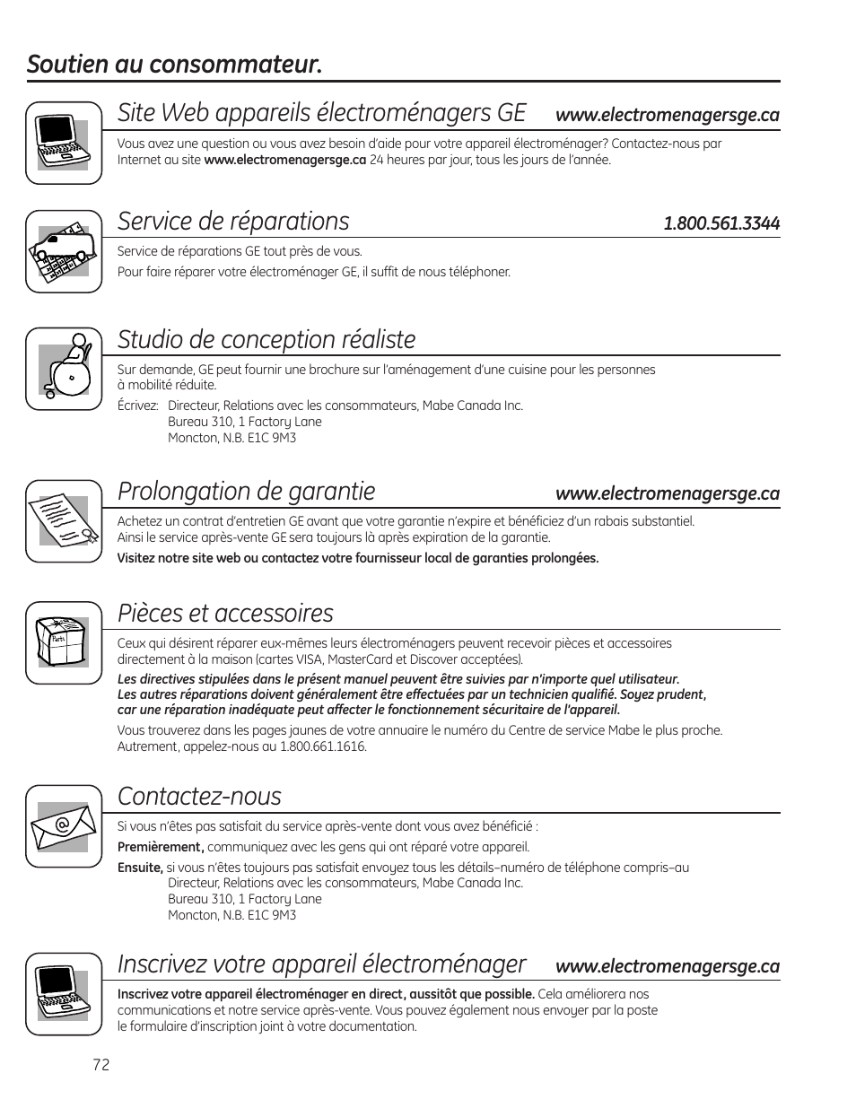 Service de réparations, Studio de conception réaliste, Prolongation de garantie | Pièces et accessoires, Contactez-nous, Inscrivez votre appareil électroménager | GE PCVH480EK User Manual | Page 72 / 108