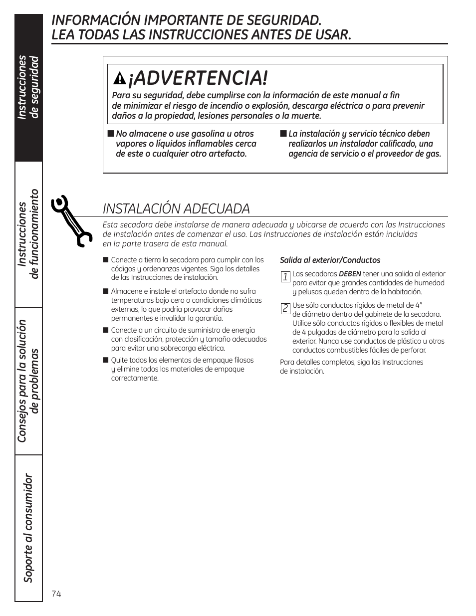 Advertencia, Instalación adecuada | GE PCVH480EK User Manual | Page 74 / 108