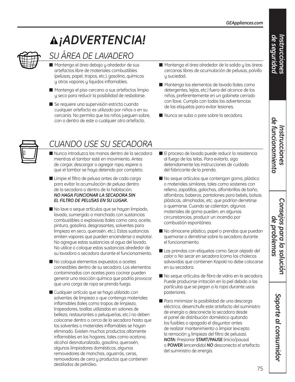 Advertencia, Su área de lavadero, Cuando use su secadora | GE PCVH480EK User Manual | Page 75 / 108