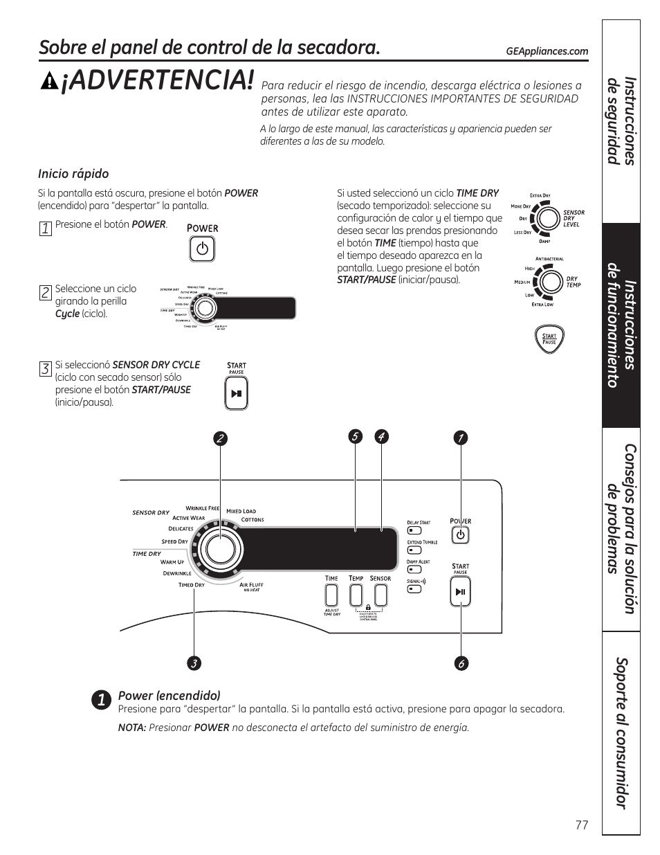 Advertencia, Sobre el panel de control de la secadora | GE PCVH480EK User Manual | Page 77 / 108
