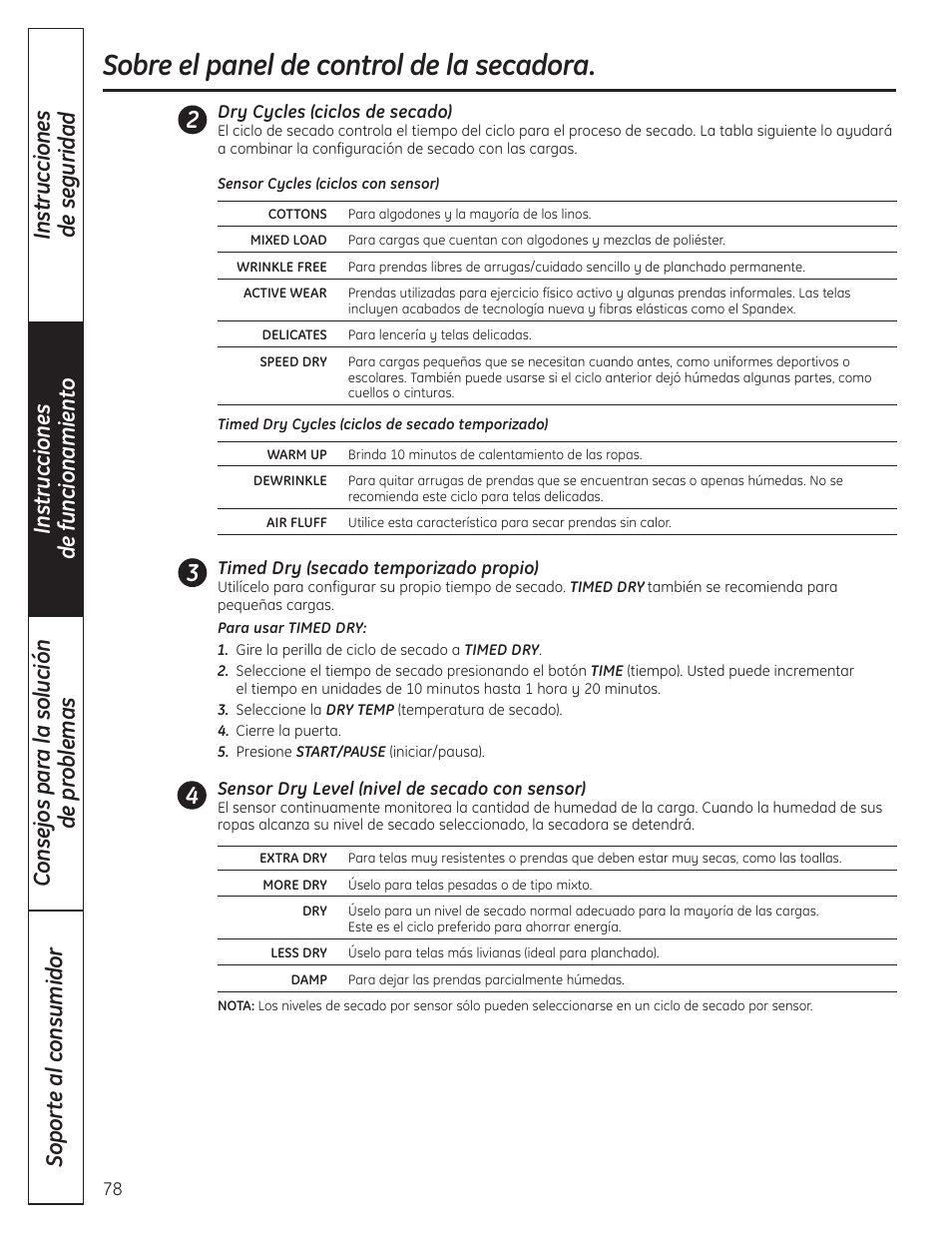 Sobre el panel de control de la secadora | GE PCVH480EK User Manual | Page 78 / 108