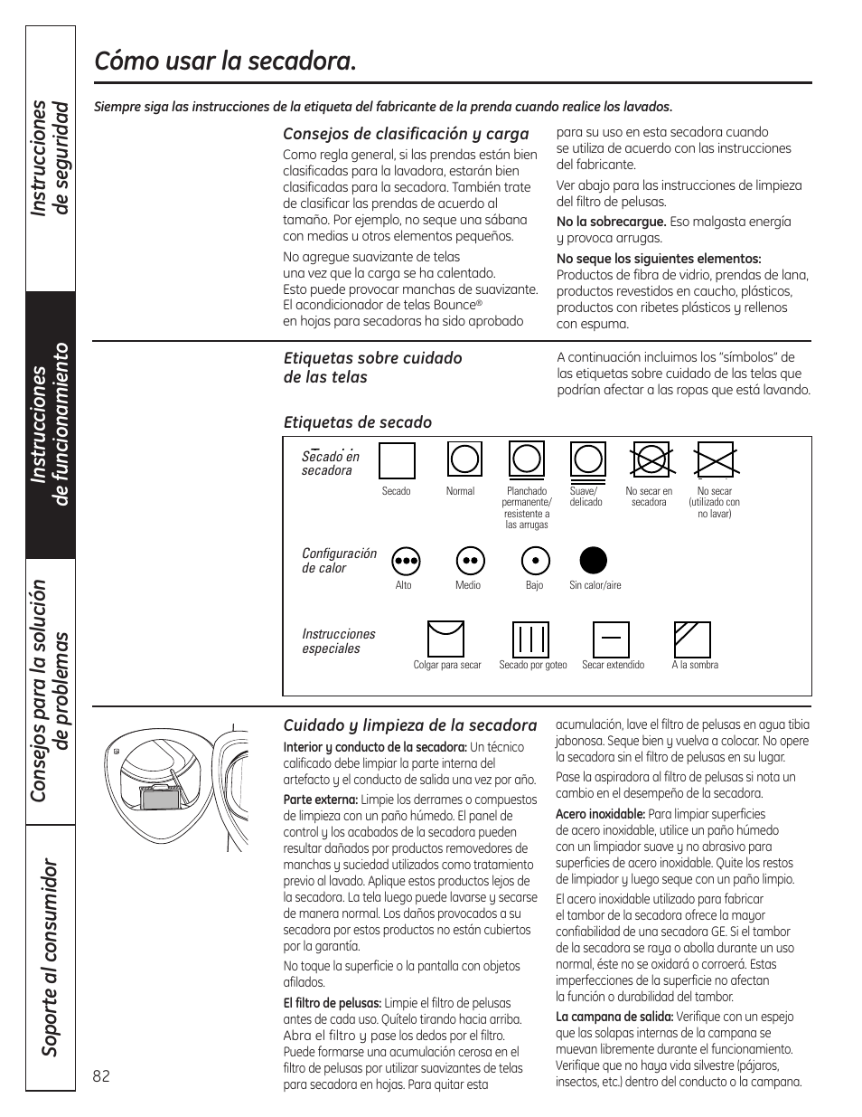 Cómo usar la secadora, Tumble dry, Heat setting | Special instructions, Cuidado y limpieza de la secadora, Consejos de clasificación y carga | GE PCVH480EK User Manual | Page 82 / 108