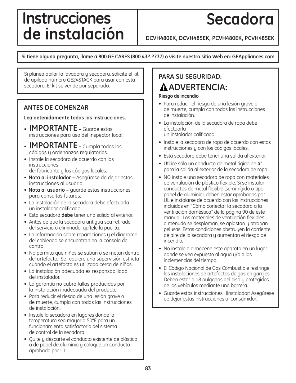 Instrucciones secadora de instalación, Advertencia, Importante | GE PCVH480EK User Manual | Page 83 / 108