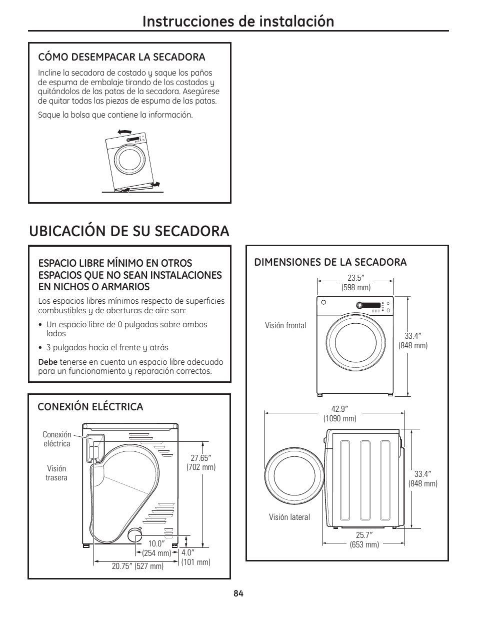 Instrucciones de instalación, Ubicación de su secadora | GE PCVH480EK User Manual | Page 84 / 108