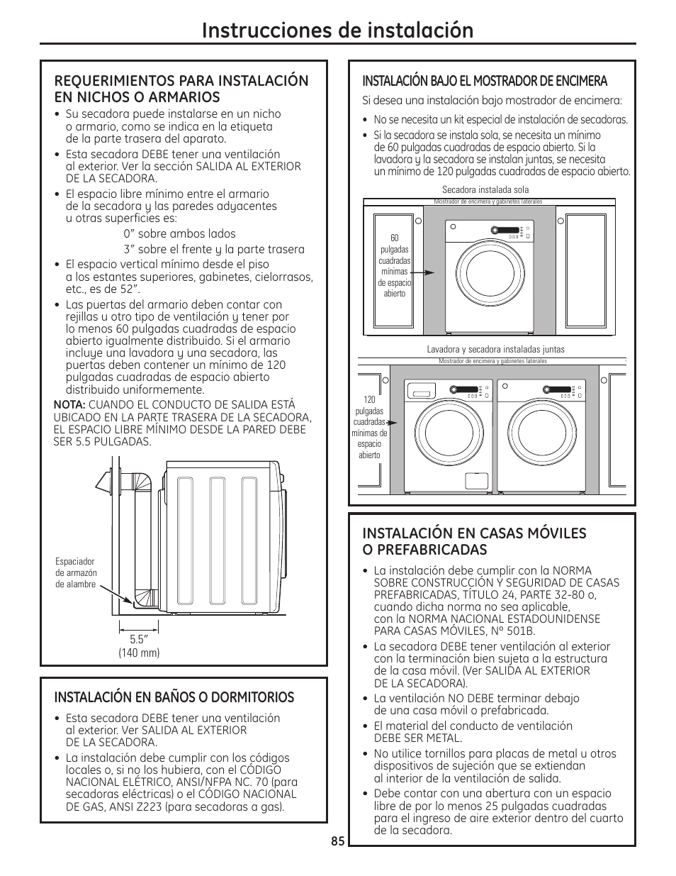 Instrucciones de instalación, Instalación en baños o dormitorios, Instalación en casas móviles o prefabricadas | Instalación bajo el mostrador de encimera | GE PCVH480EK User Manual | Page 85 / 108