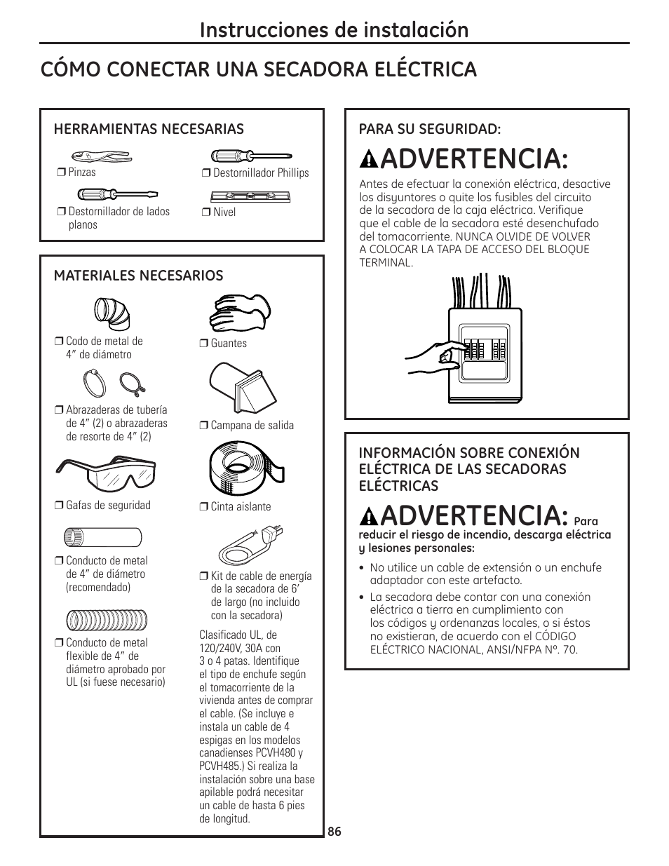 Advertencia | GE PCVH480EK User Manual | Page 86 / 108