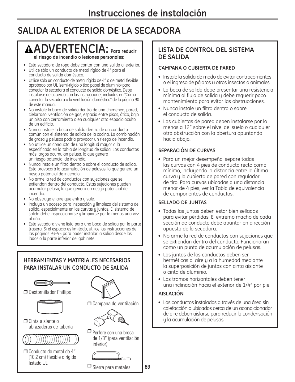 Advertencia, Instrucciones de instalación, Salida al exterior de la secadora | Lista de control del sistema de salida | GE PCVH480EK User Manual | Page 89 / 108