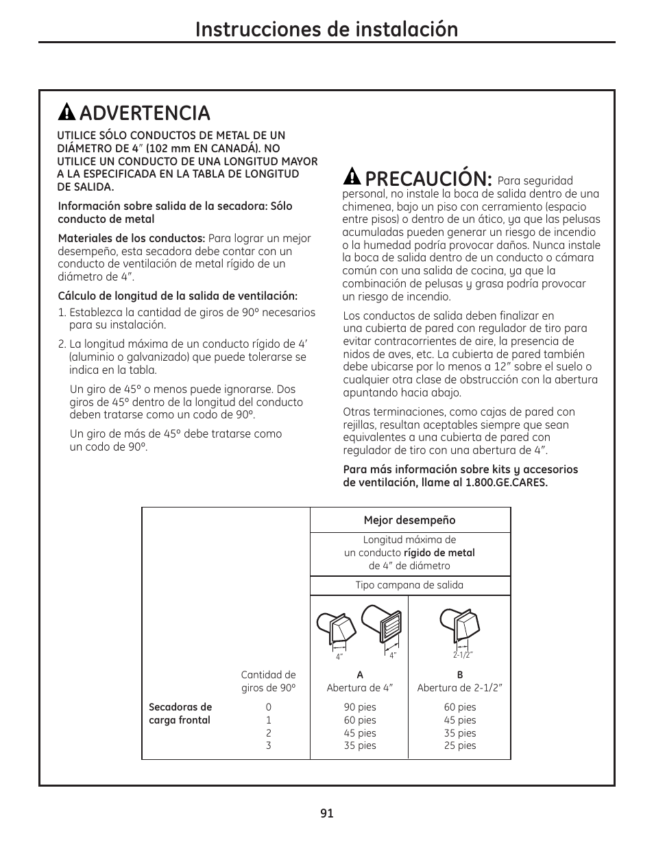 Instrucciones de instalación, Advertencia, Precaución | GE PCVH480EK User Manual | Page 91 / 108
