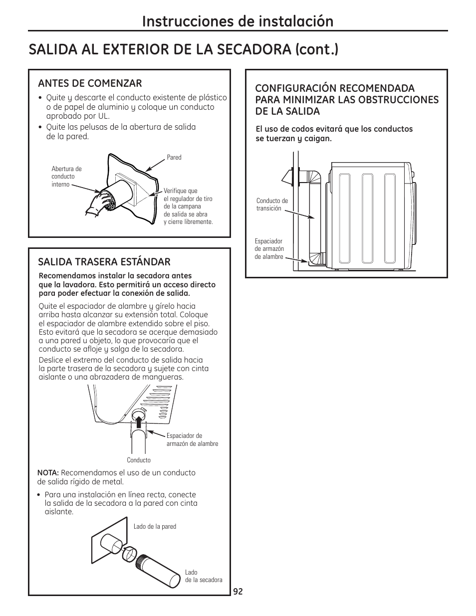 Antes de comenzar, Salida trasera estándar | GE PCVH480EK User Manual | Page 92 / 108