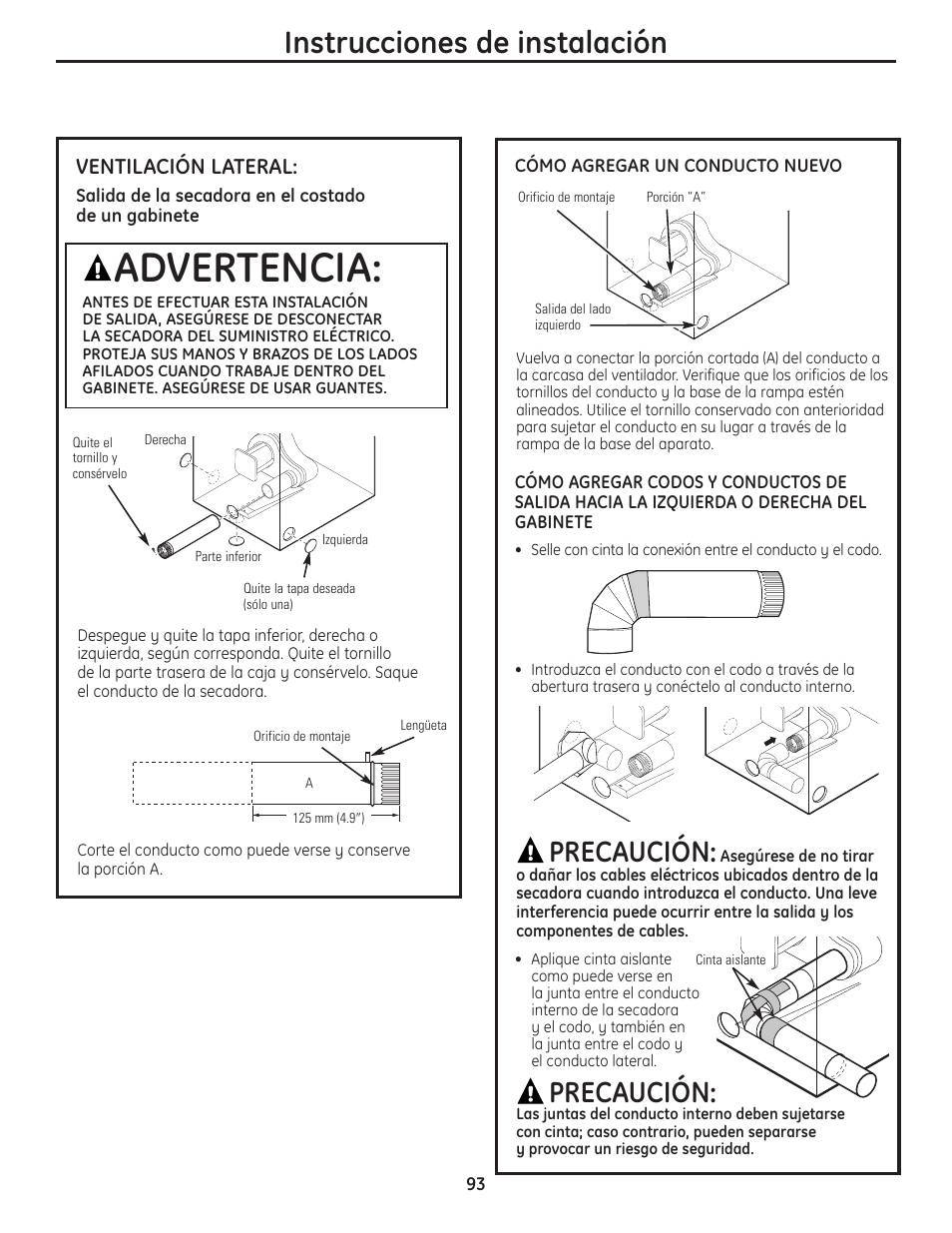 Advertencia, Instrucciones de instalación, Precaución | GE PCVH480EK User Manual | Page 93 / 108