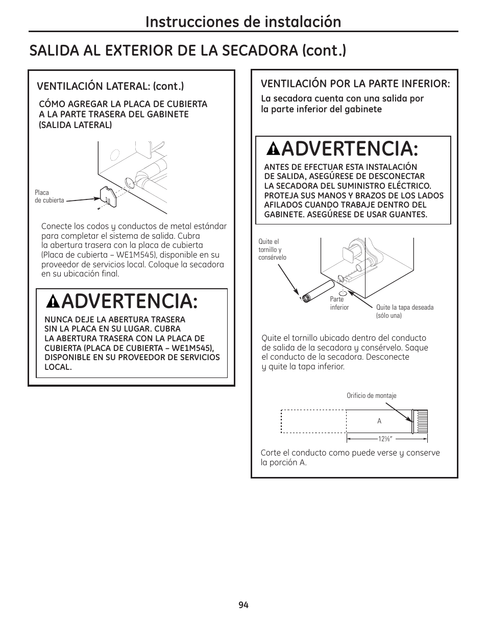 Advertencia | GE PCVH480EK User Manual | Page 94 / 108