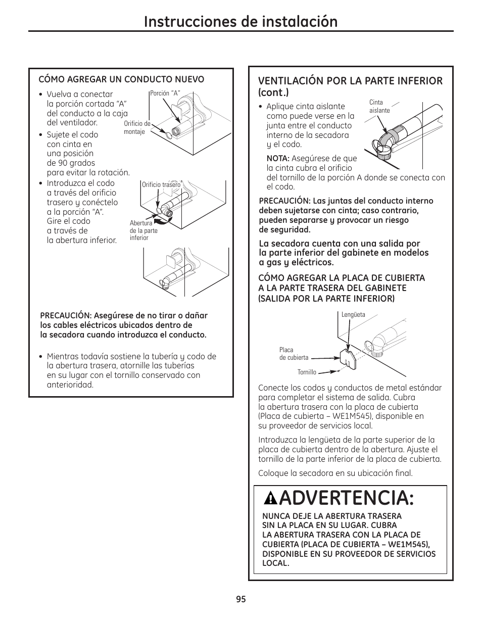 Advertencia, Instrucciones de instalación | GE PCVH480EK User Manual | Page 95 / 108