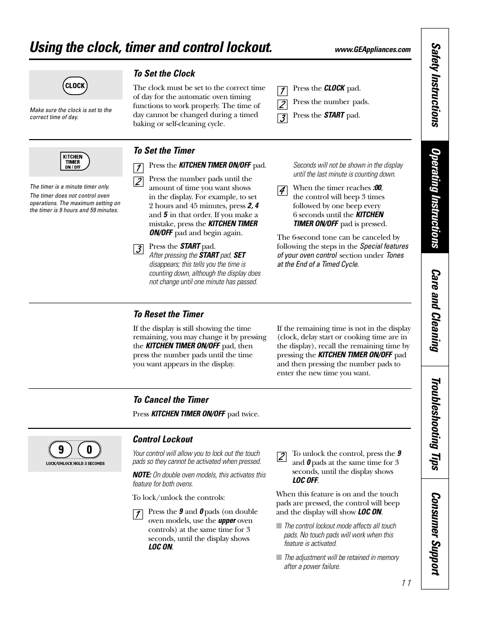 Clock and timer, Using the clock, timer and control lockout | GE JT91530 User Manual | Page 11 / 32