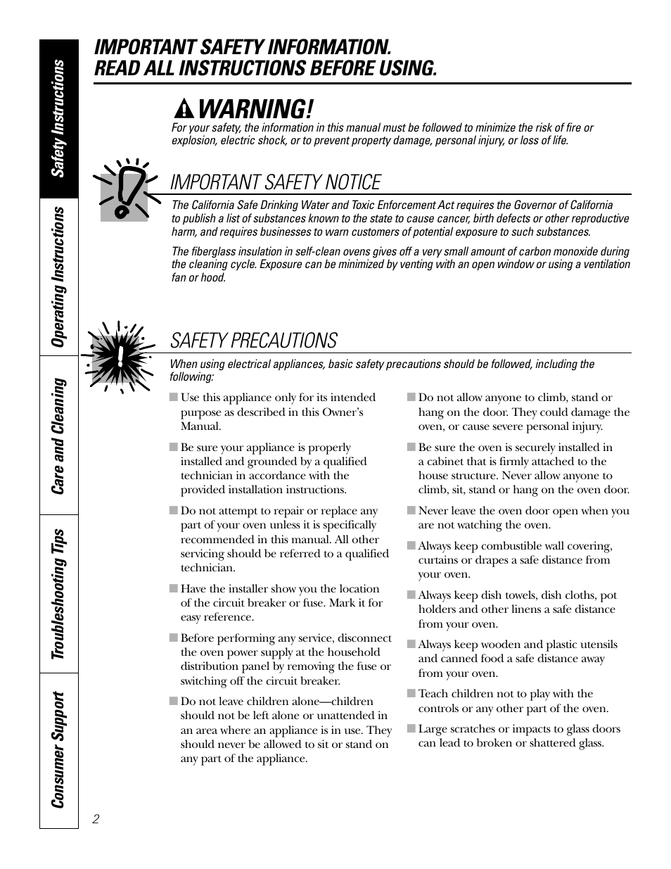 Safety instructions, Warning, Safety precautions | Important safety notice | GE JT91530 User Manual | Page 2 / 32