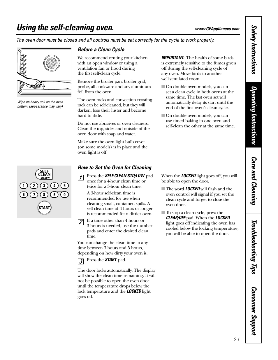 Self-cleaning oven, Self-cleaning oven , 22, Using the self-cleaning oven | GE JT91530 User Manual | Page 21 / 32