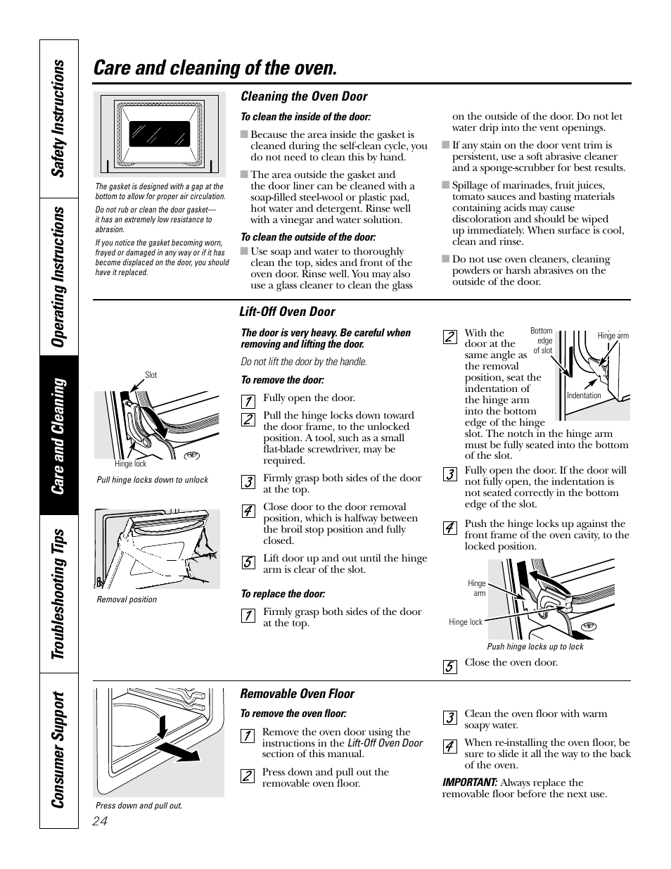 Cleaning oven door, Lift-off oven door, Oven floor | Care and cleaning of the oven | GE JT91530 User Manual | Page 24 / 32