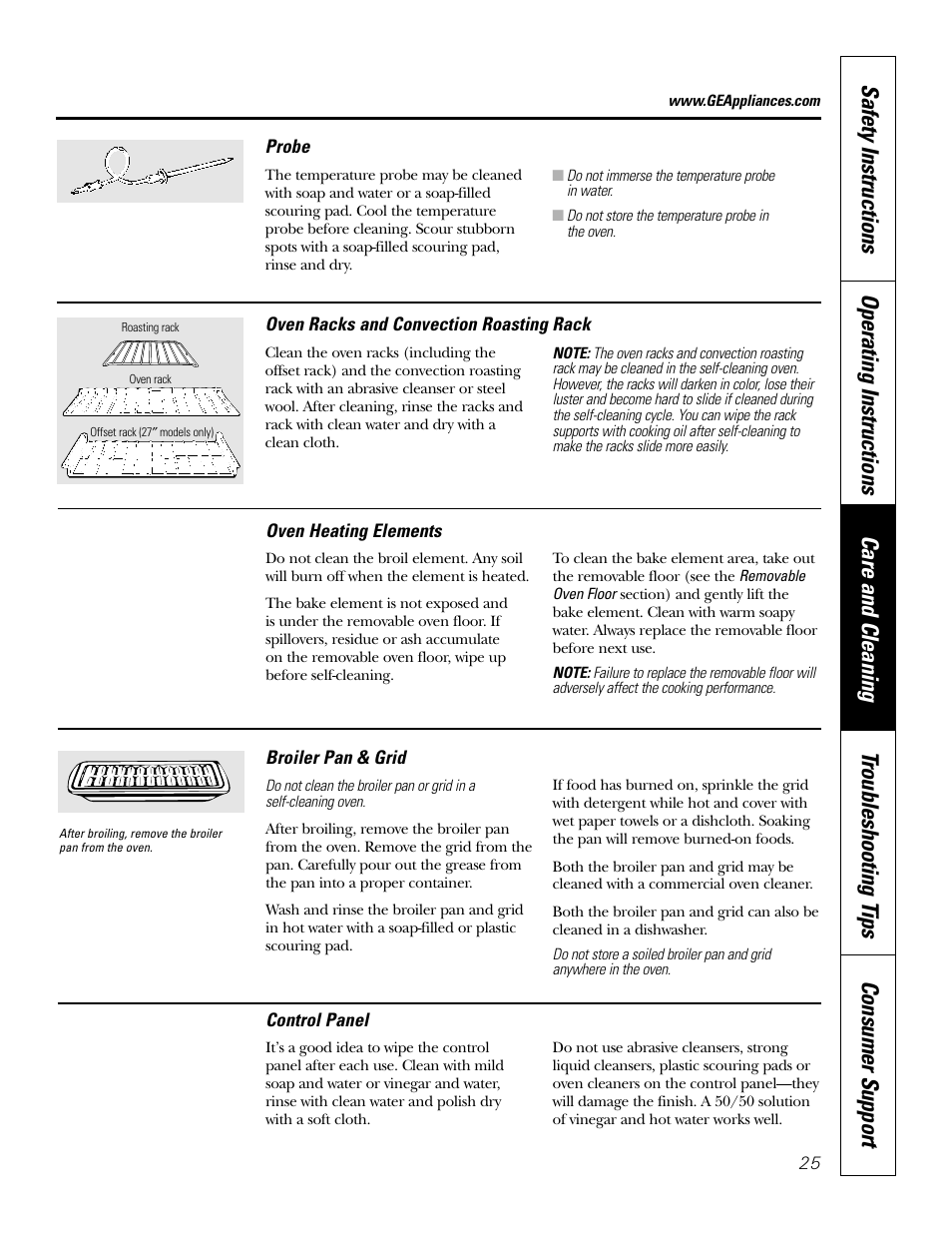 Broiler pan and grid, Control panel, Probe | Racks, Probe racks | GE JT91530 User Manual | Page 25 / 32